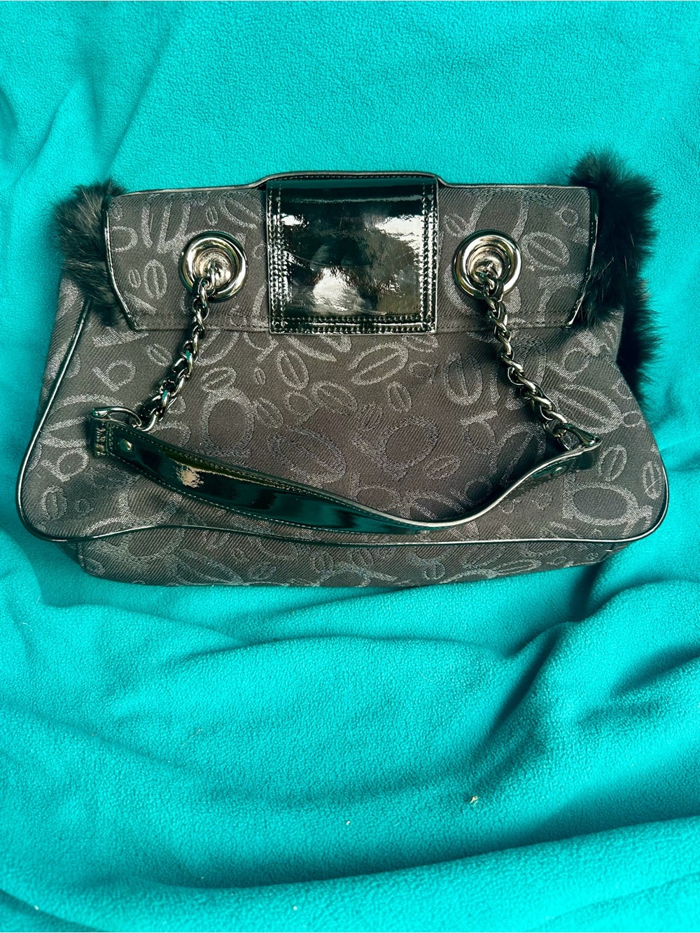 Black Patent Trim Tote Bag with Chain Handles - Picture 2 of 4